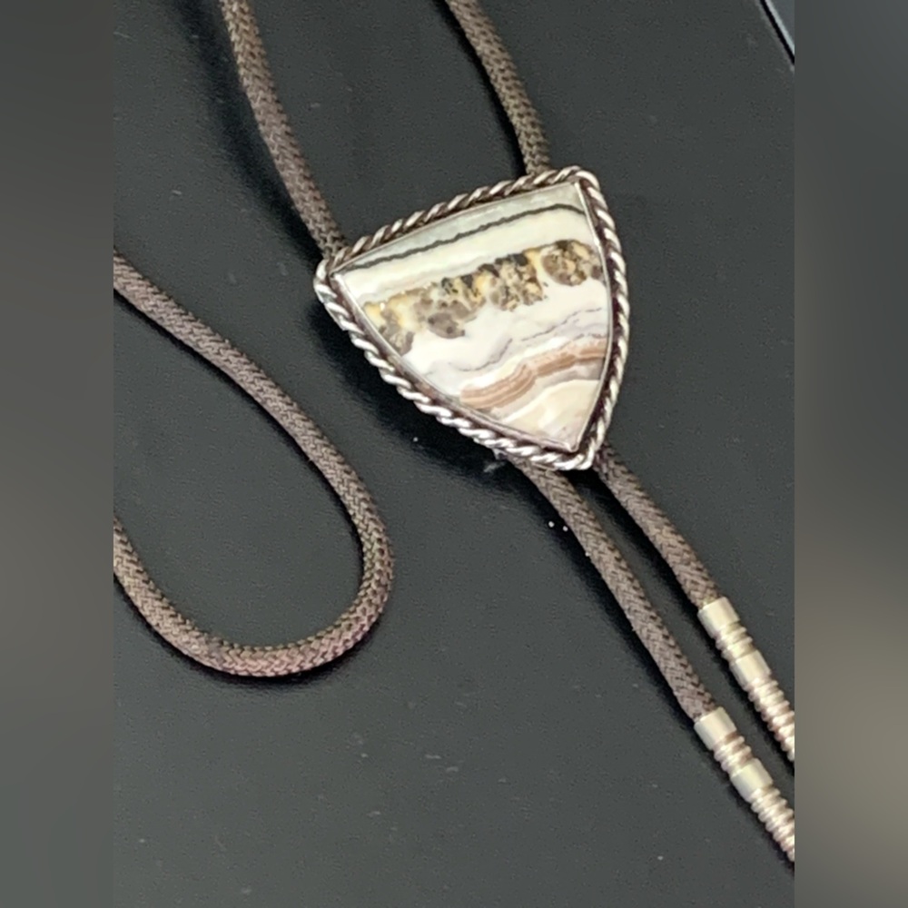RARE ~ VTG Sterling Silver Natural Agate Bolo Tie - Handmade Southwestern